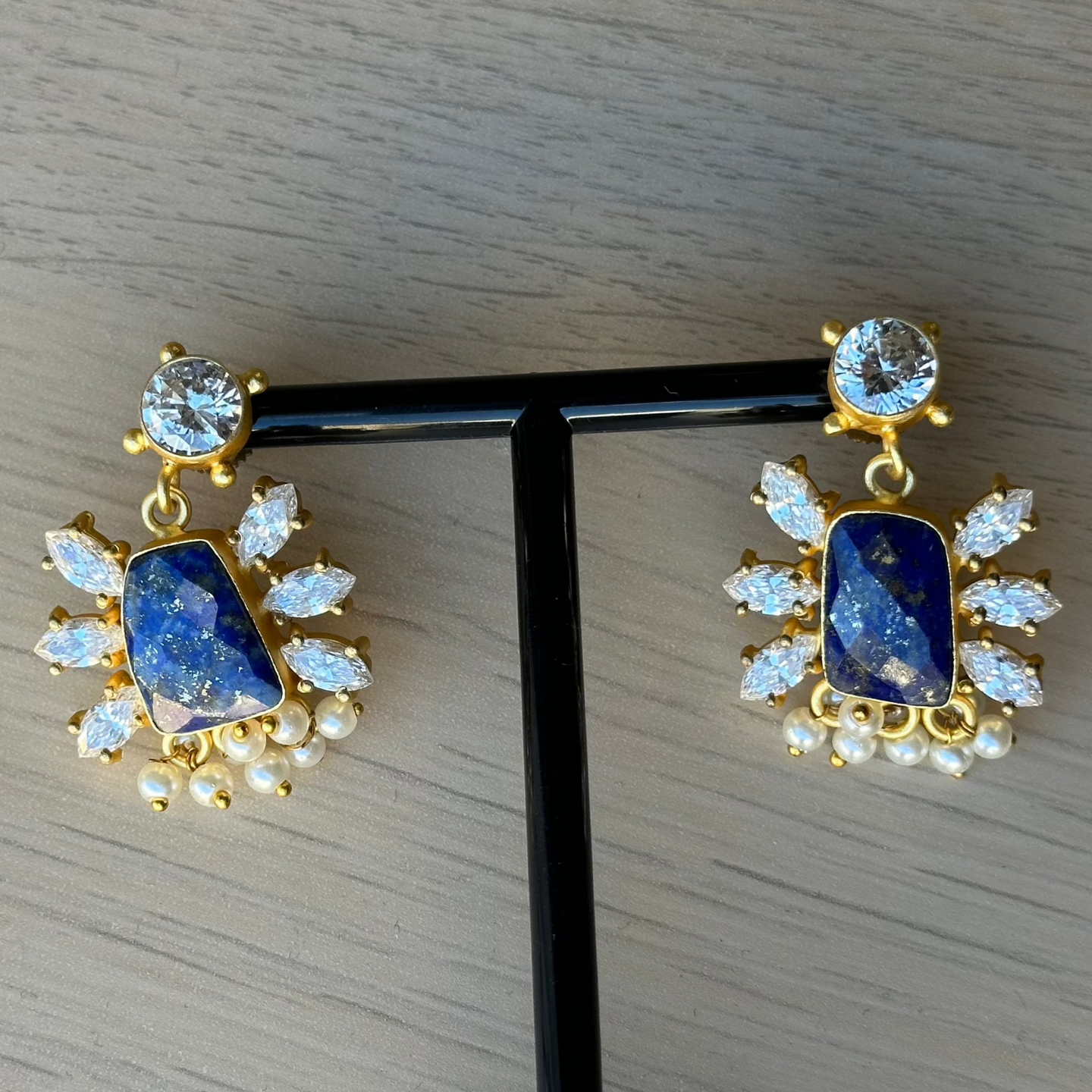 Earrings, gold, gold plated, brass, semi-precious stone, blue lapis, cubic zirconia, pearl